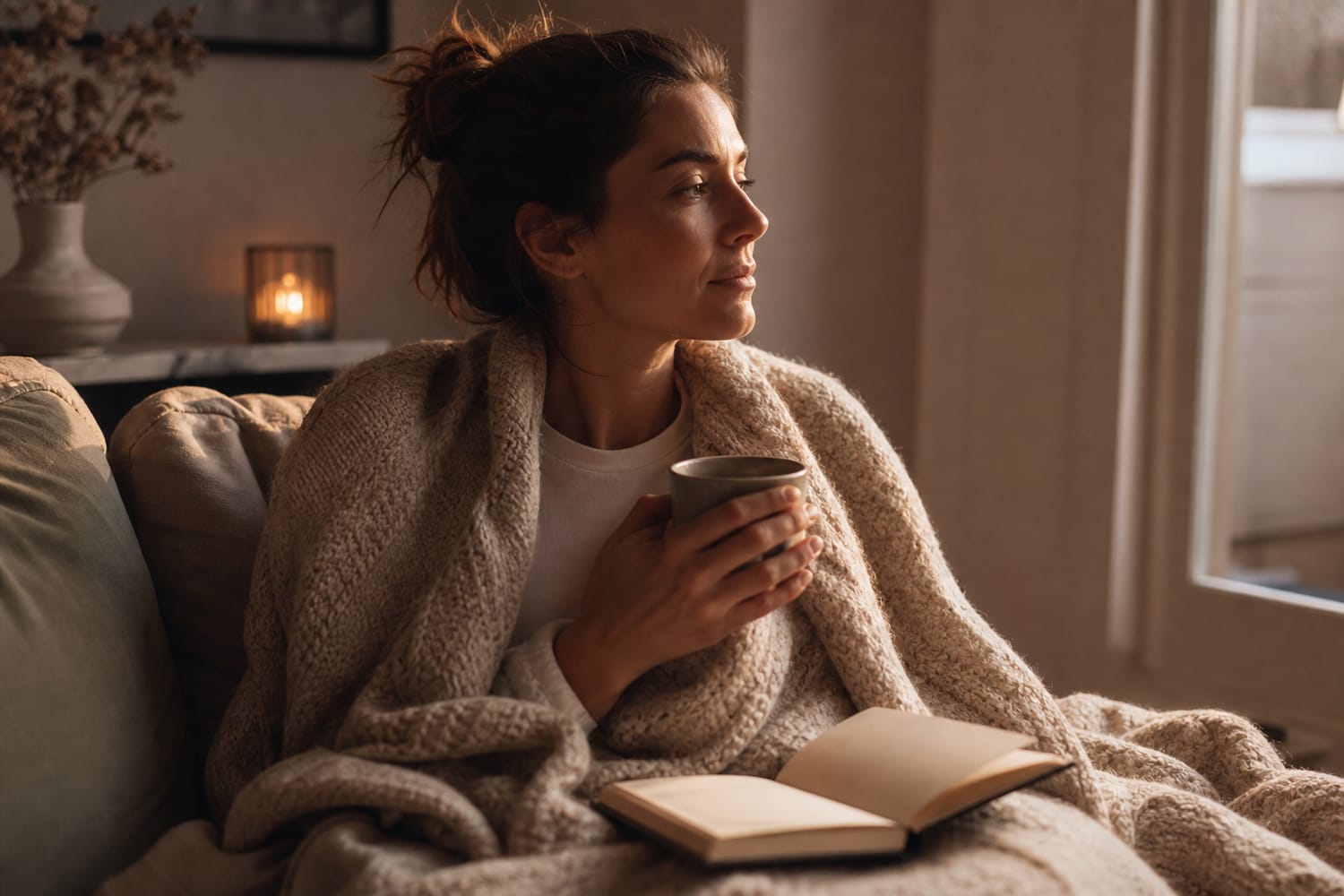 A woman wrapped in a soft blanket journaling with a cup of tea.