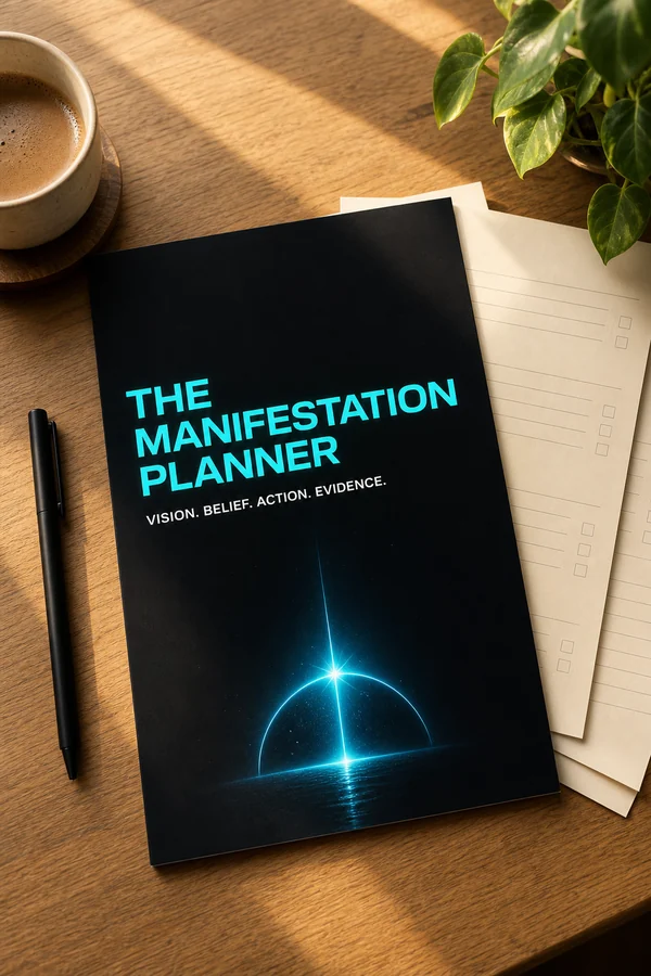 The Manifestation Planner printed and lying on a desk beside a pen and a coffee, with two cream worksheets showing ruled lines and checkboxes.