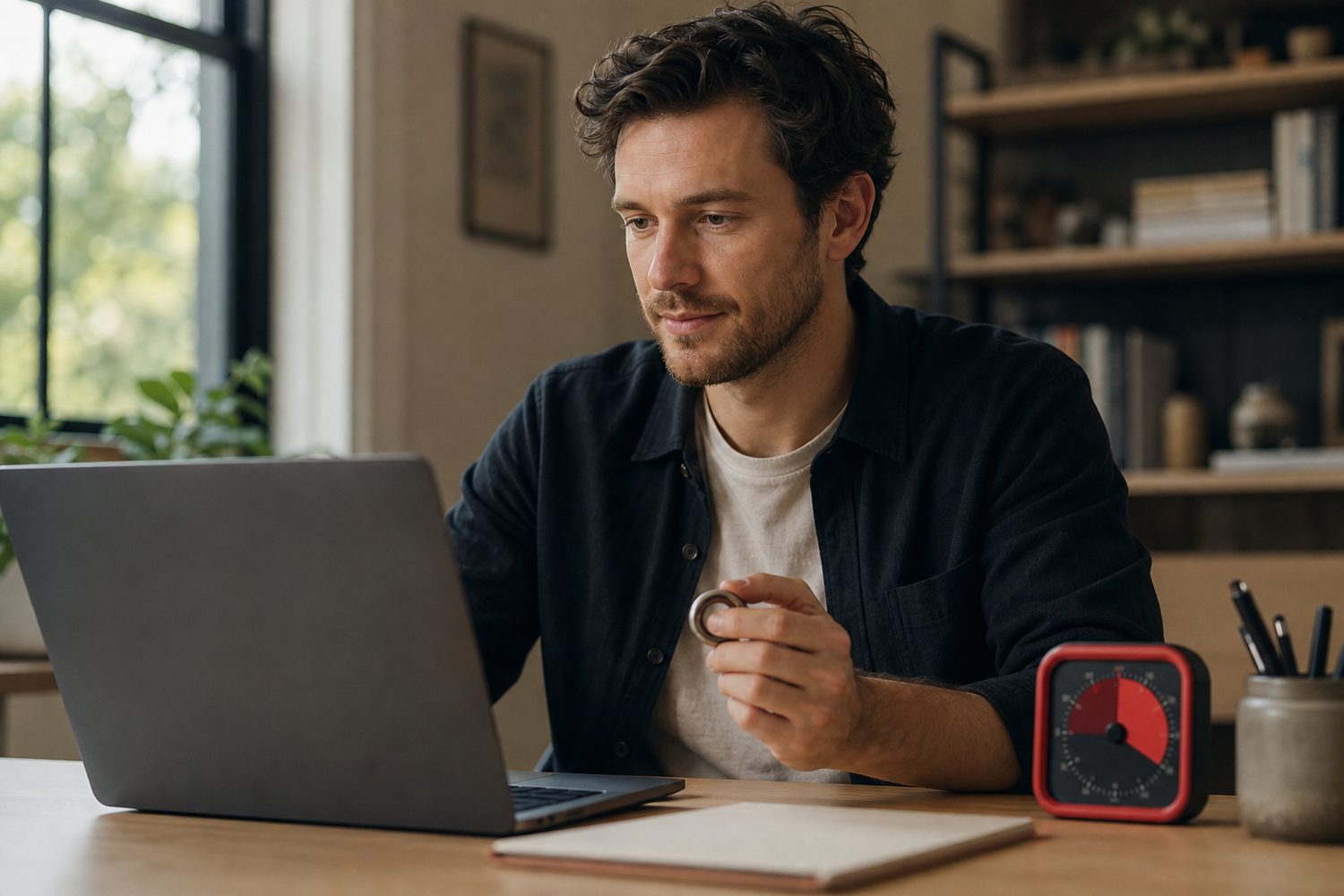 A young man sitting at a tidy desk with a red visual countdown timer beside his laptop and a small fidget ring in his hand, natural daylight from a window, calm and focused expression.