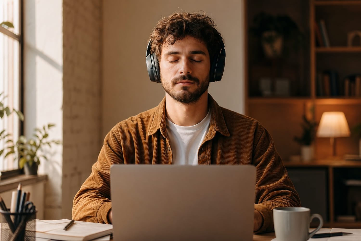 A man at a tidy desk wearing over-ear headphones with his eyes closed, focused and calm, warm natural light.