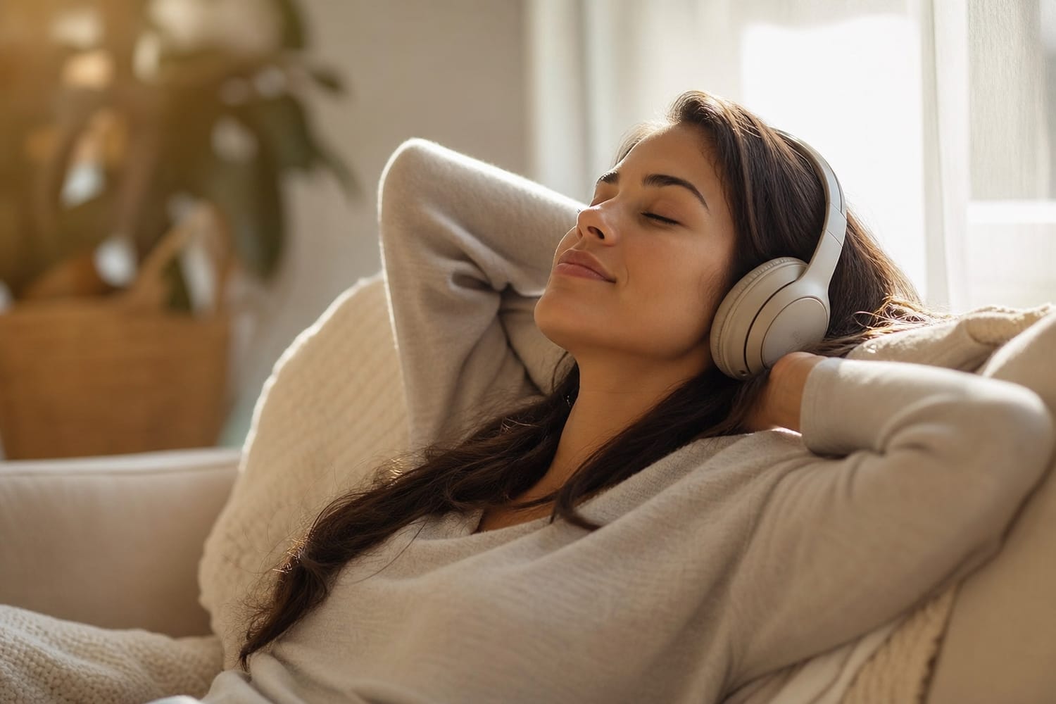 A woman reclining comfortably with over-ear headphones in soft warm light, deeply relaxed with her eyes closed.