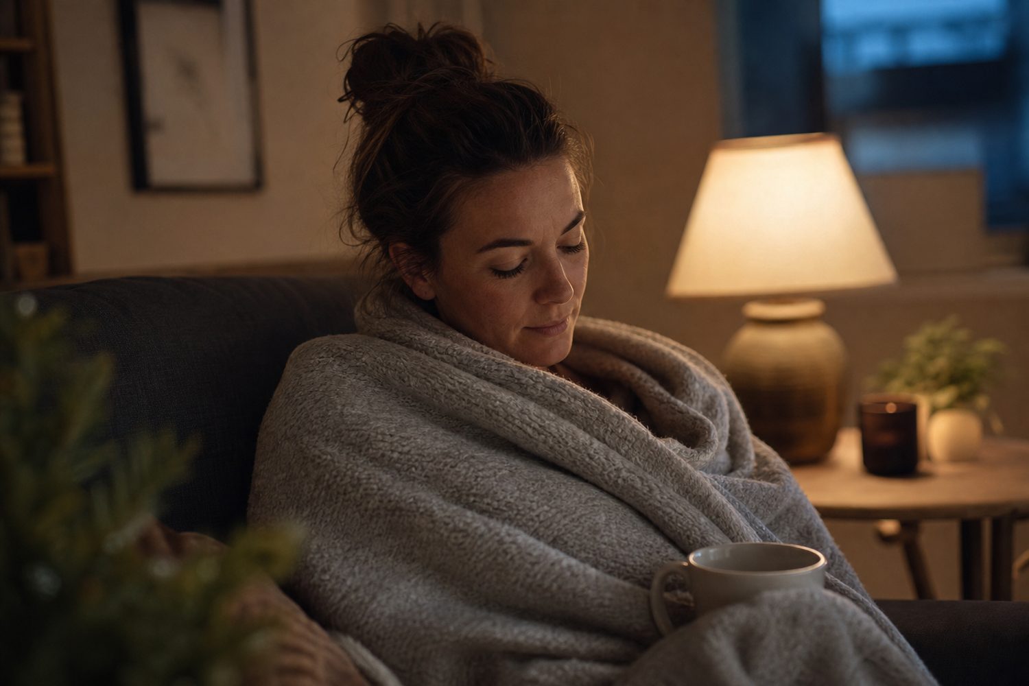 A person sitting peacefully alone in a quiet room with a soft blanket and warm lamp light, recovering and grounded, calm warm and blue tones.