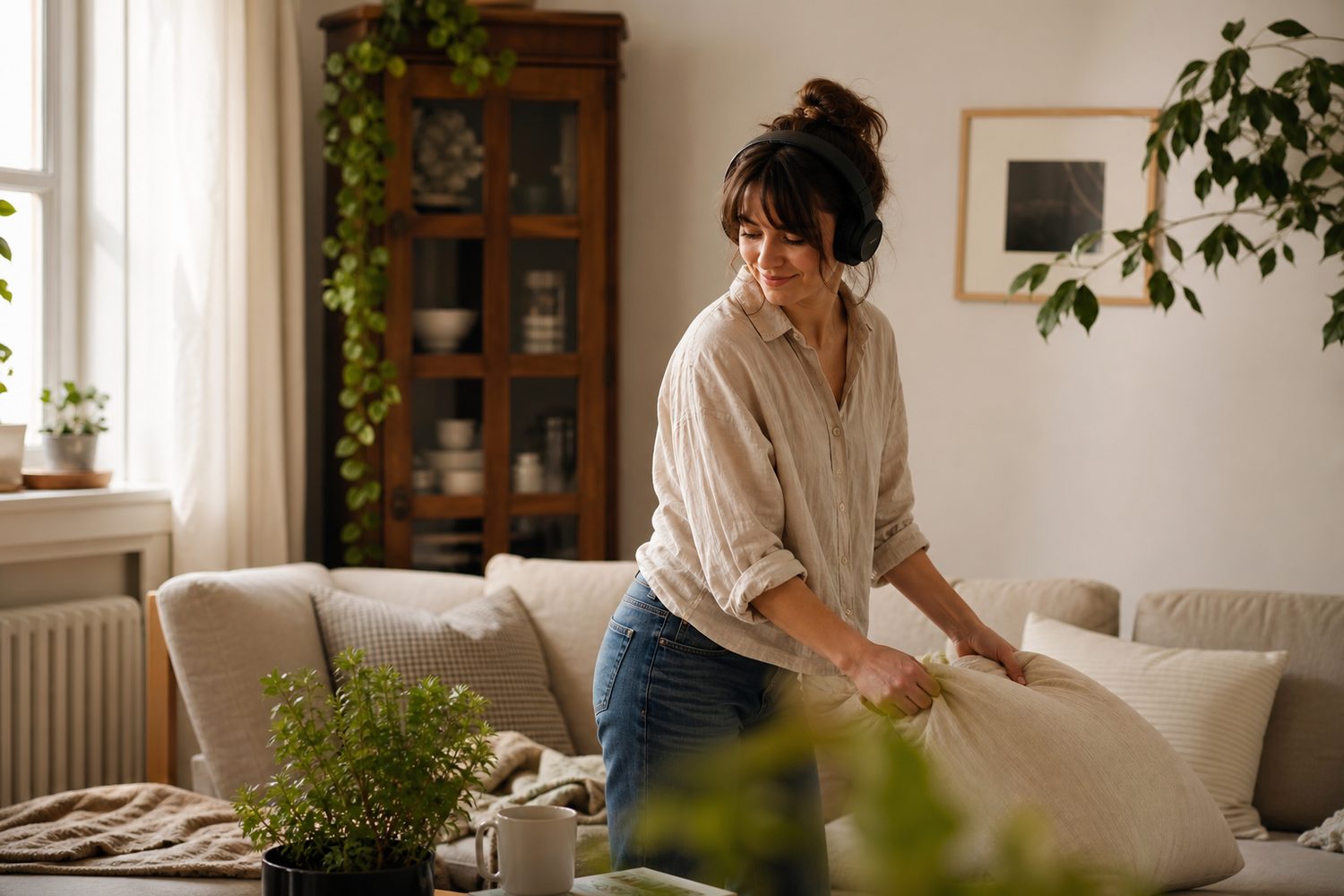 A woman wearing headphones lightly tidying a bright living room, relaxed and unhurried, doing the task on her own terms, warm natural daylight.