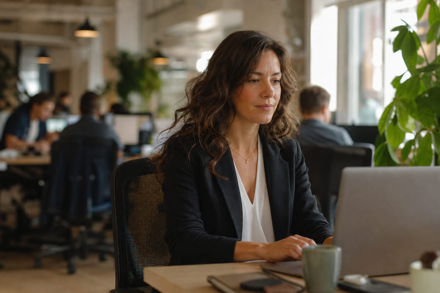 A woman working calmly and focused at a desk in a lively open-plan office, soft natural light, unbothered by the noise around her.