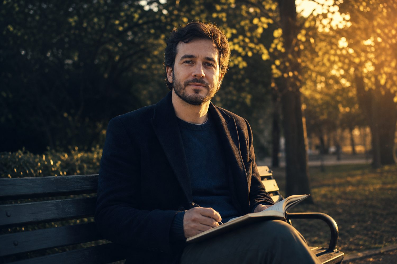 A man sitting calmly on a park bench with a journal open on his lap, pausing and looking forward with a relaxed expression, late afternoon golden light