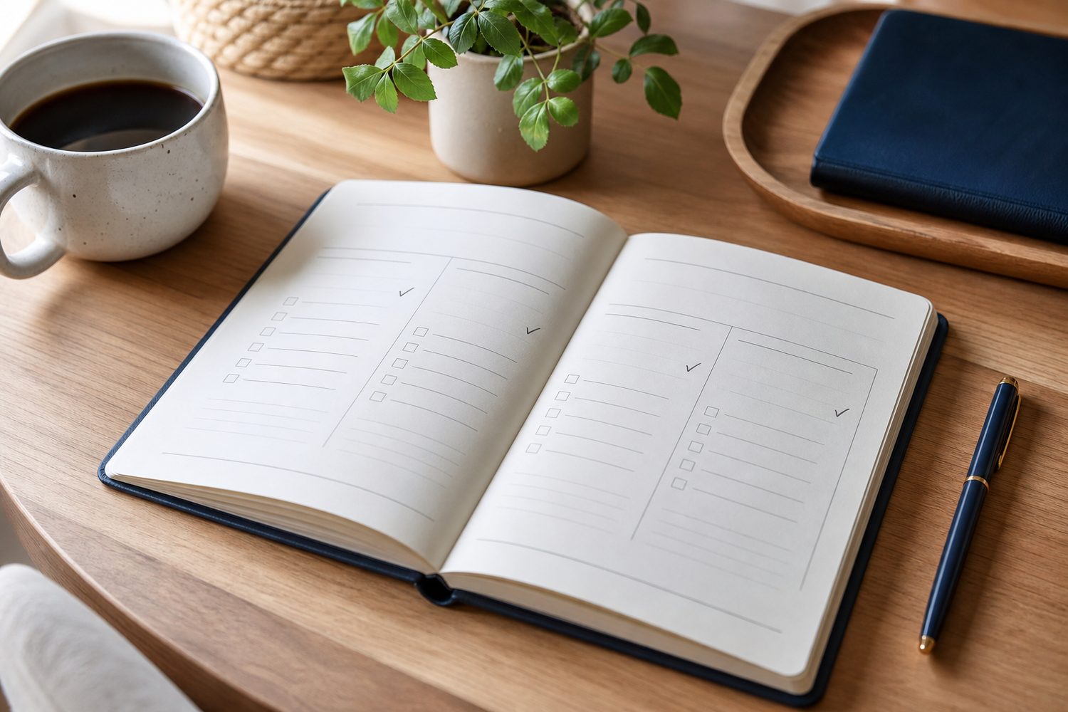 A tidy wooden desk in soft morning light with a simple day planner divided into three blocks, a coffee cup and a small plant beside it.