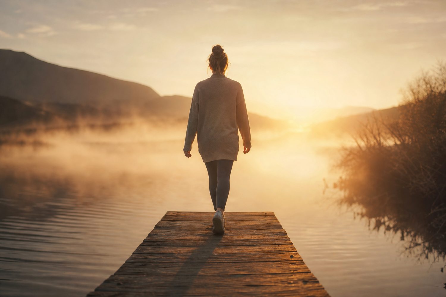 A person stepping off a wooden jetty onto a misty path at sunrise, one foot forward into soft golden light, calm and hopeful, warm neutral tones.