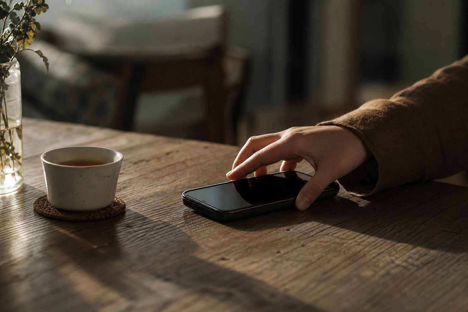 A calm hand turning a phone face down on a wooden table beside a cup of tea, soft afternoon light, a small gesture of protecting attention and switching off.