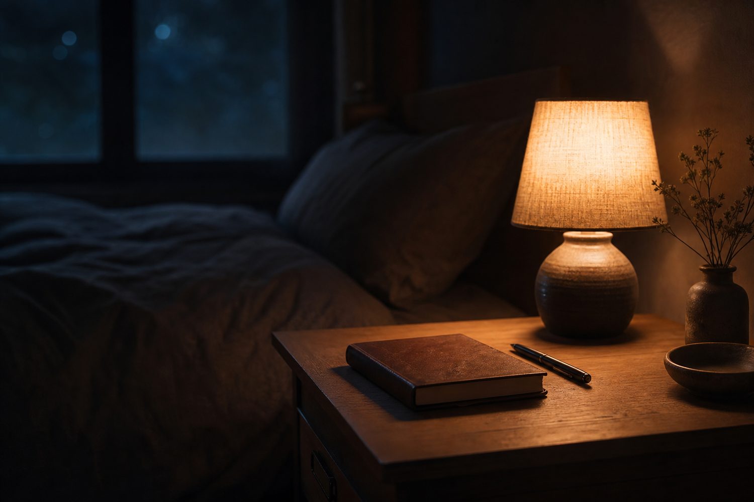 A bedside table with a small journal, a pen and a dim warm lamp, a calm bedroom at night with soft shadows, restful and quiet.