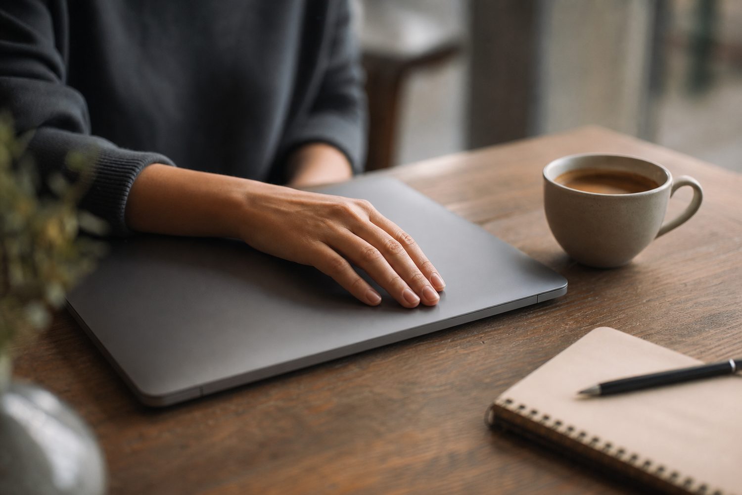 A hand resting on a closed laptop beside a warm cup and a notebook, someone taking a quiet pause before replying, soft daylight, calm and unhurried.