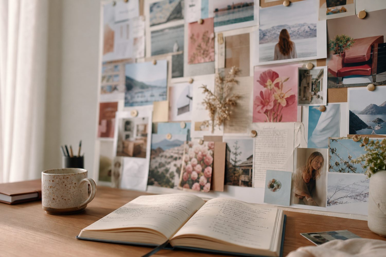 A colourful vision board pinned to a wall beside an open notebook filled with handwritten action steps and dates