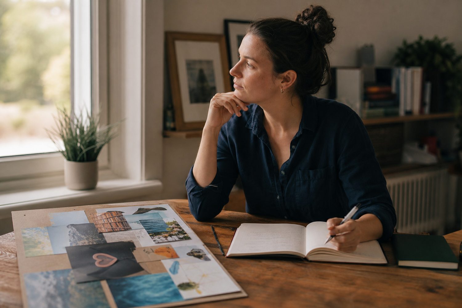A person sitting at a sunlit desk with a notebook and pen, gazing thoughtfully out of a window as warm morning light falls across the page.