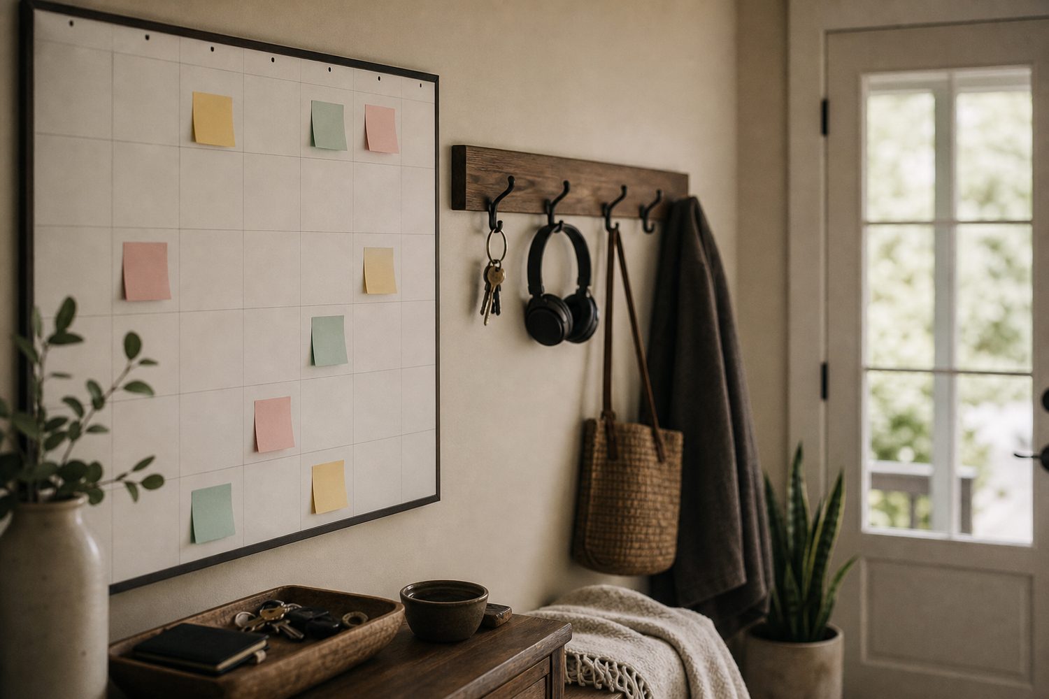 A wall planner with colour coded sticky notes beside a hook rail holding keys and headphones by a front door, a home set up to do the remembering, soft daylight.