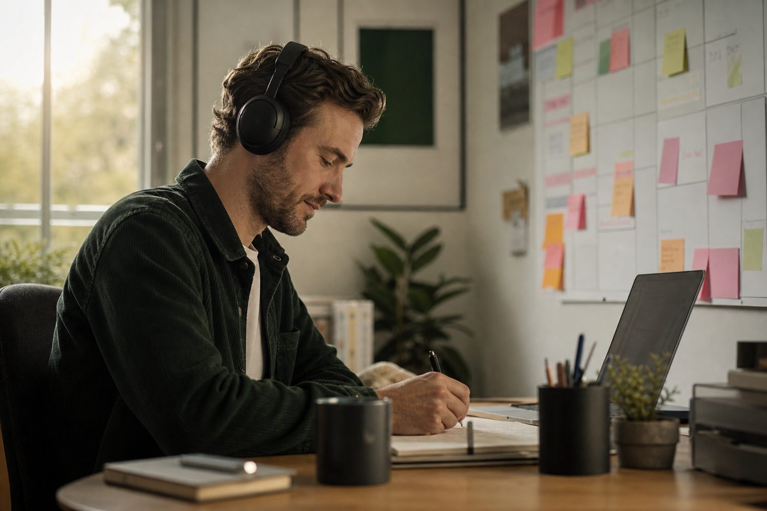 A man in his thirties working contentedly at a tidy desk by a bright window, noise cancelling headphones on, sticky notes and a visual planner on the wall beside him, warm morning light.