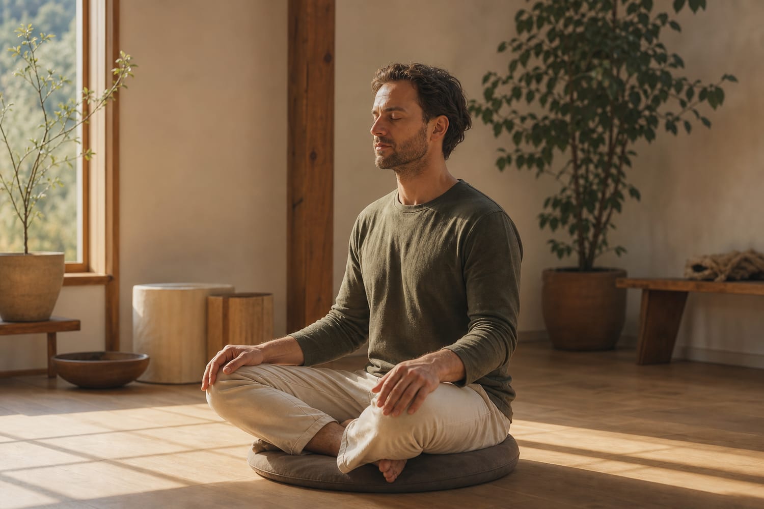 A man sitting cross-legged on a round meditation cushion in a calm, sunlit room, spine tall and eyes gently closed.