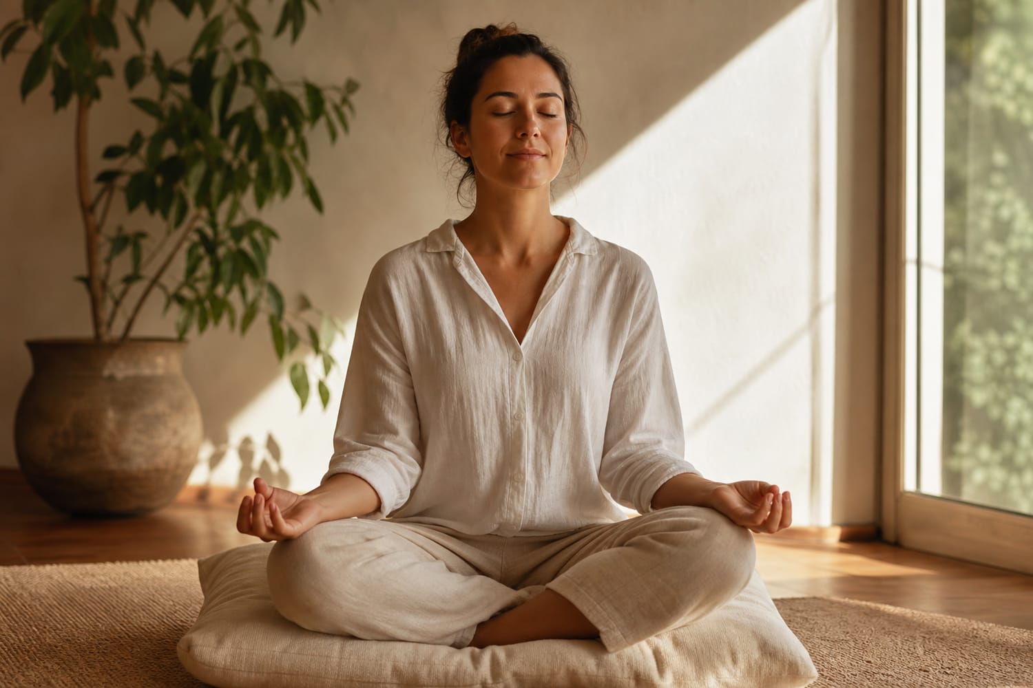 A woman sitting cross-legged on a cushion at home with her eyes closed, calm and relaxed in soft morning light.