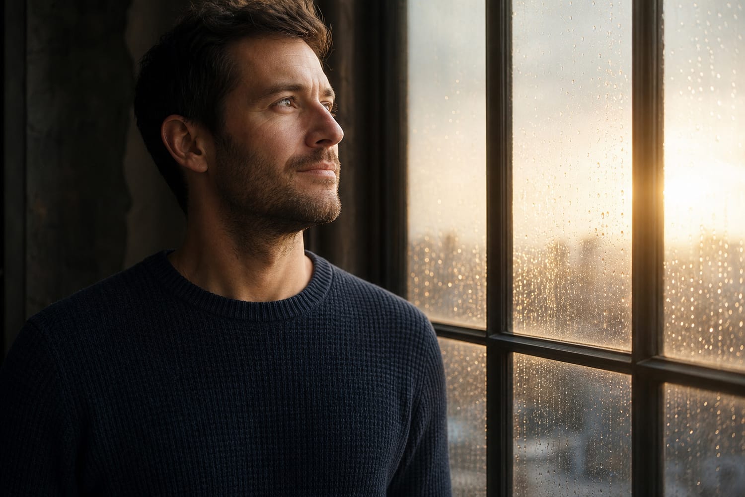A man by a rain-flecked window turning his gaze toward the light breaking through.