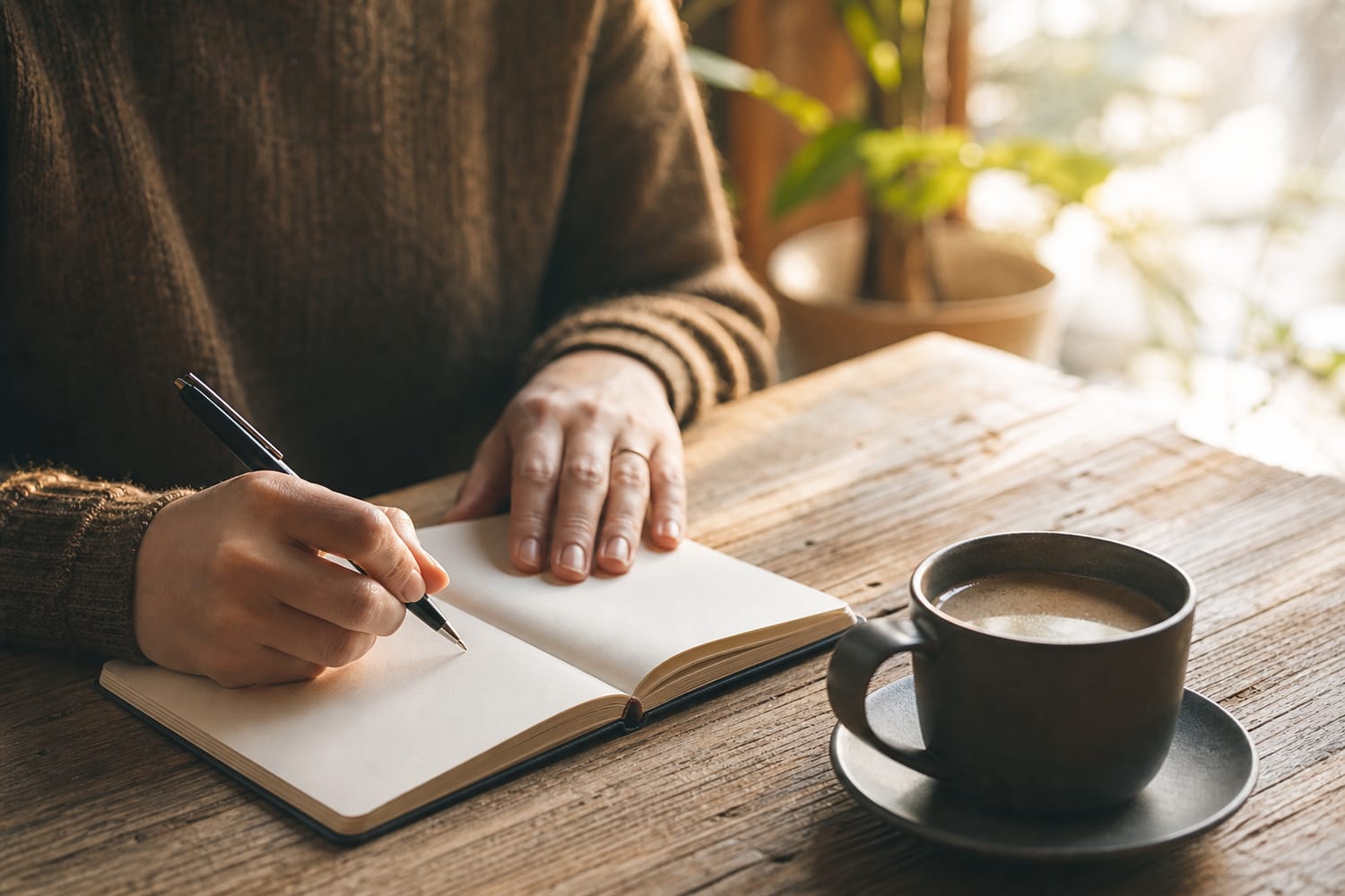 Close-up of a person's hands writing a short list in a journal at a sunlit table beside a cup of coffee, soft morning light, face not shown.