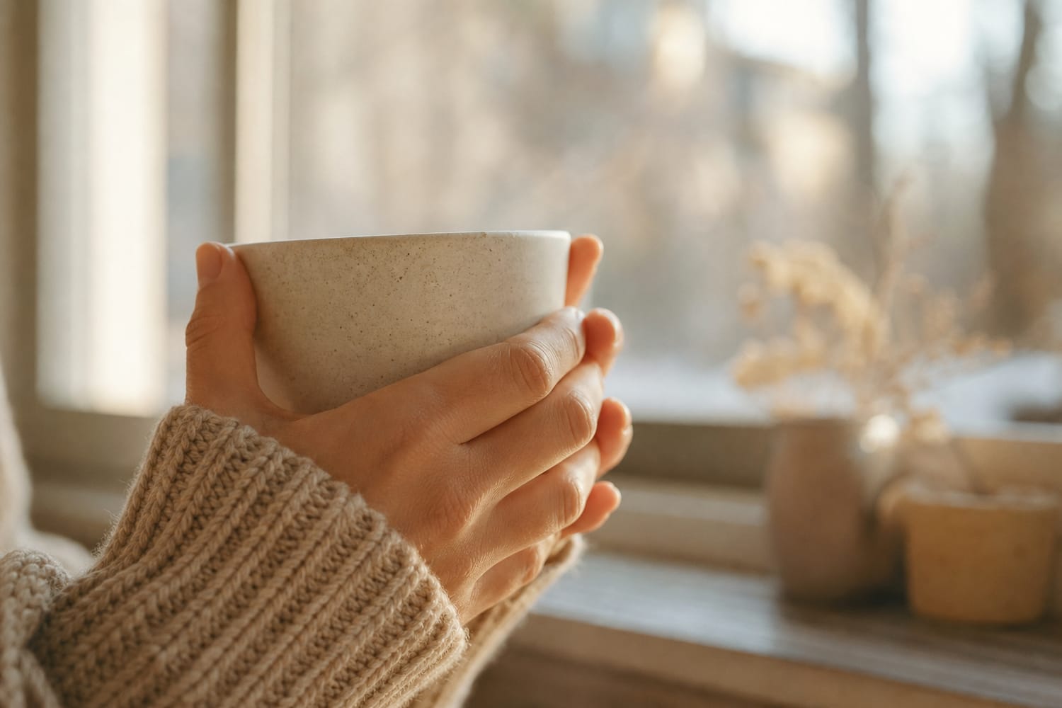 Close-up of a person's hands cradling a warm mug by a sunlit window on a calm, unhurried morning, face not shown.