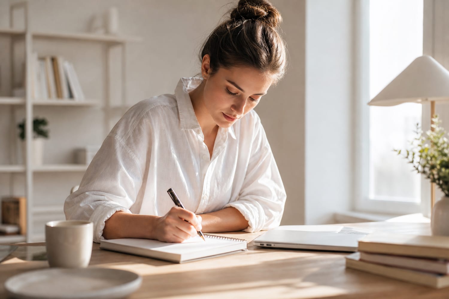 A woman planning her day, writing a to-do list in a notebook at a tidy desk in bright morning light, focused and calm.