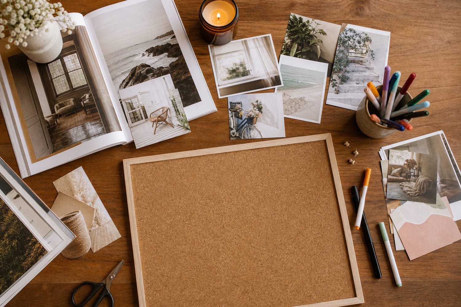 A flat-lay of vision board materials on a wooden table: magazines, scissors, printed photos, coloured pens and a cork board, warm natural light.